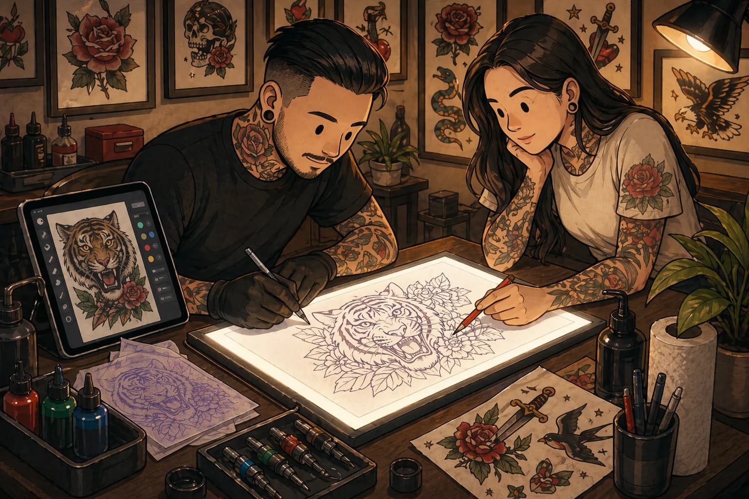 Generated LVL2-style tattoo studio scene with artists refining a stencil together