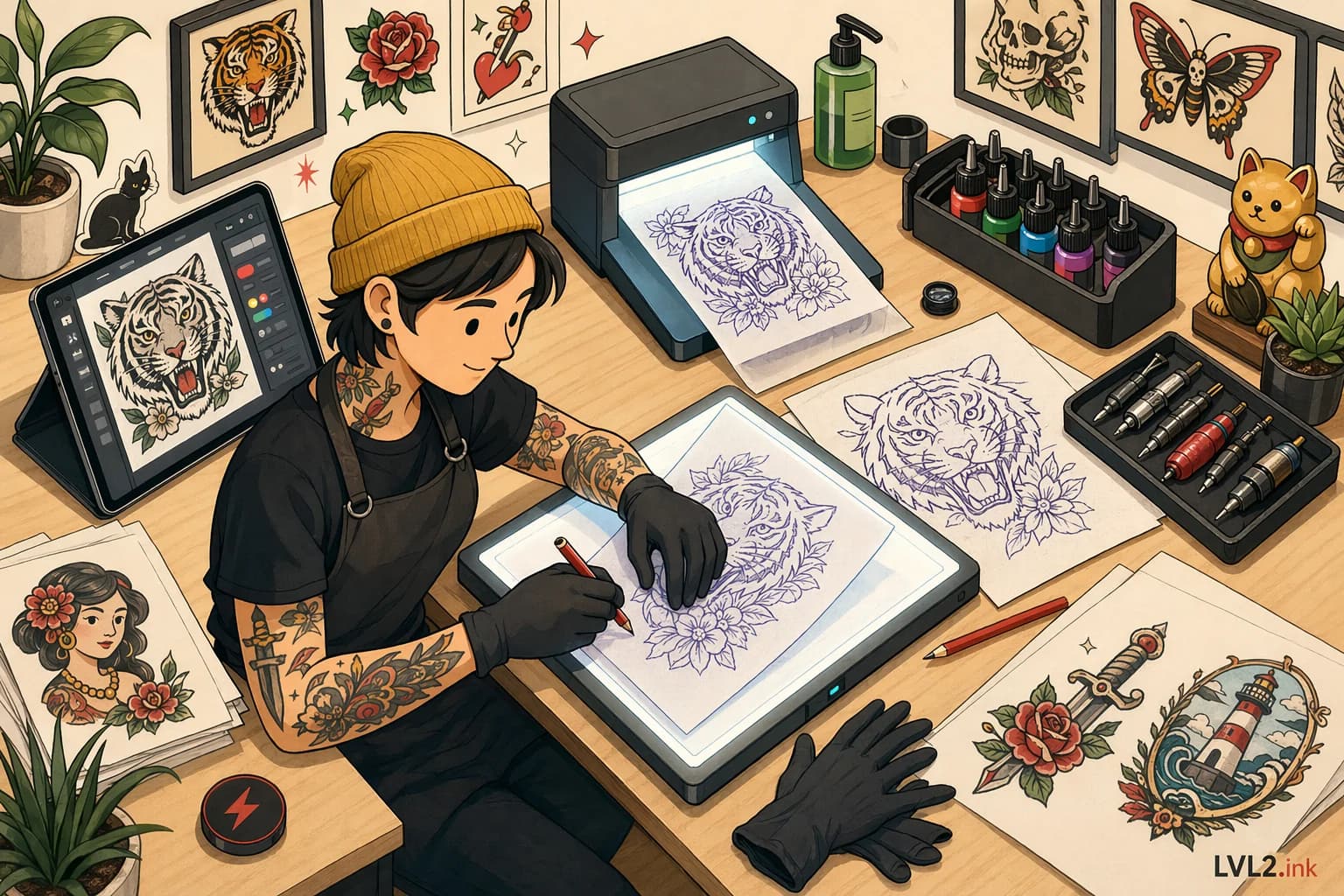 Generated light LVL2-style illustration of AI stencil tooling