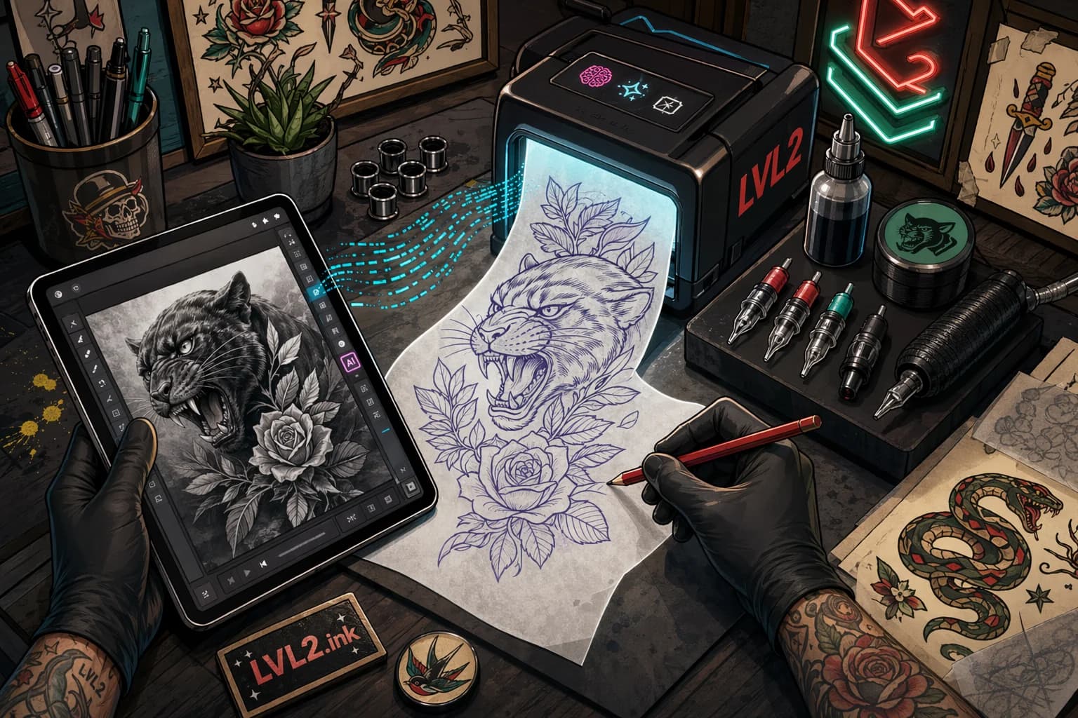 Generated LVL2-style tattoo studio scene showing artists working on stencil prep