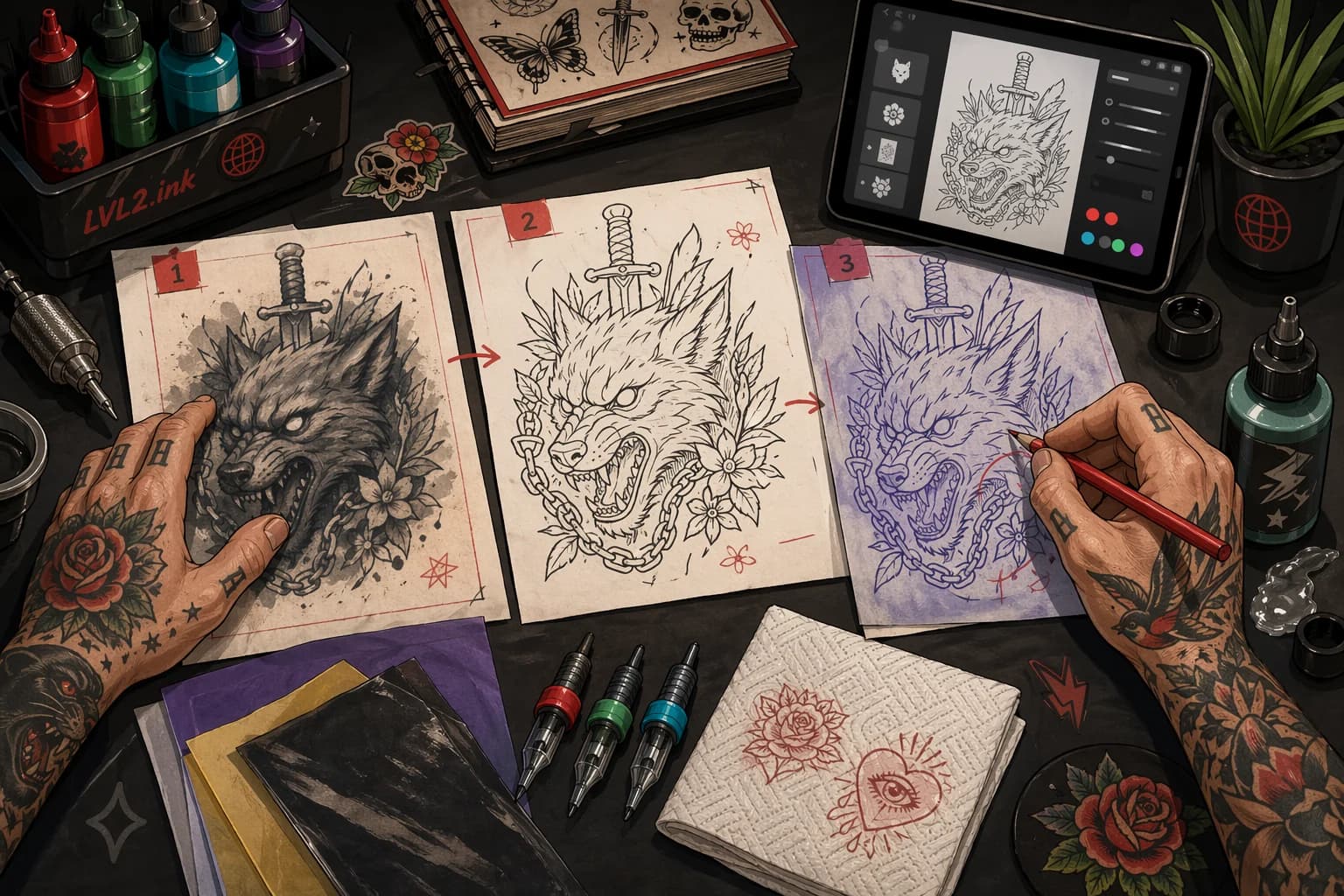 Generated LVL2-style tabletop scene with stencil passes and artist corrections