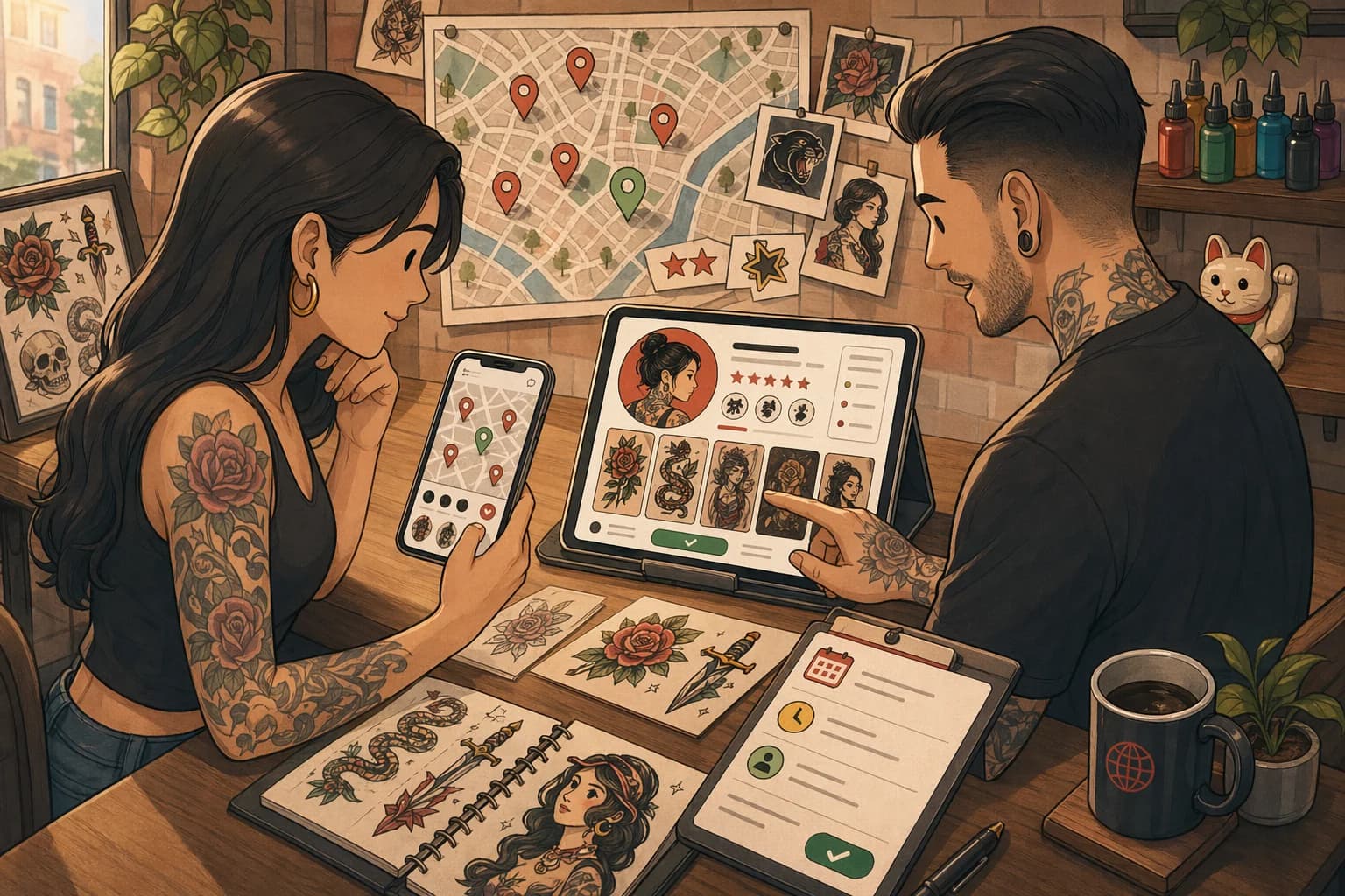 Generated LVL2-style desk scene of a client and artist comparing discovery and booking options