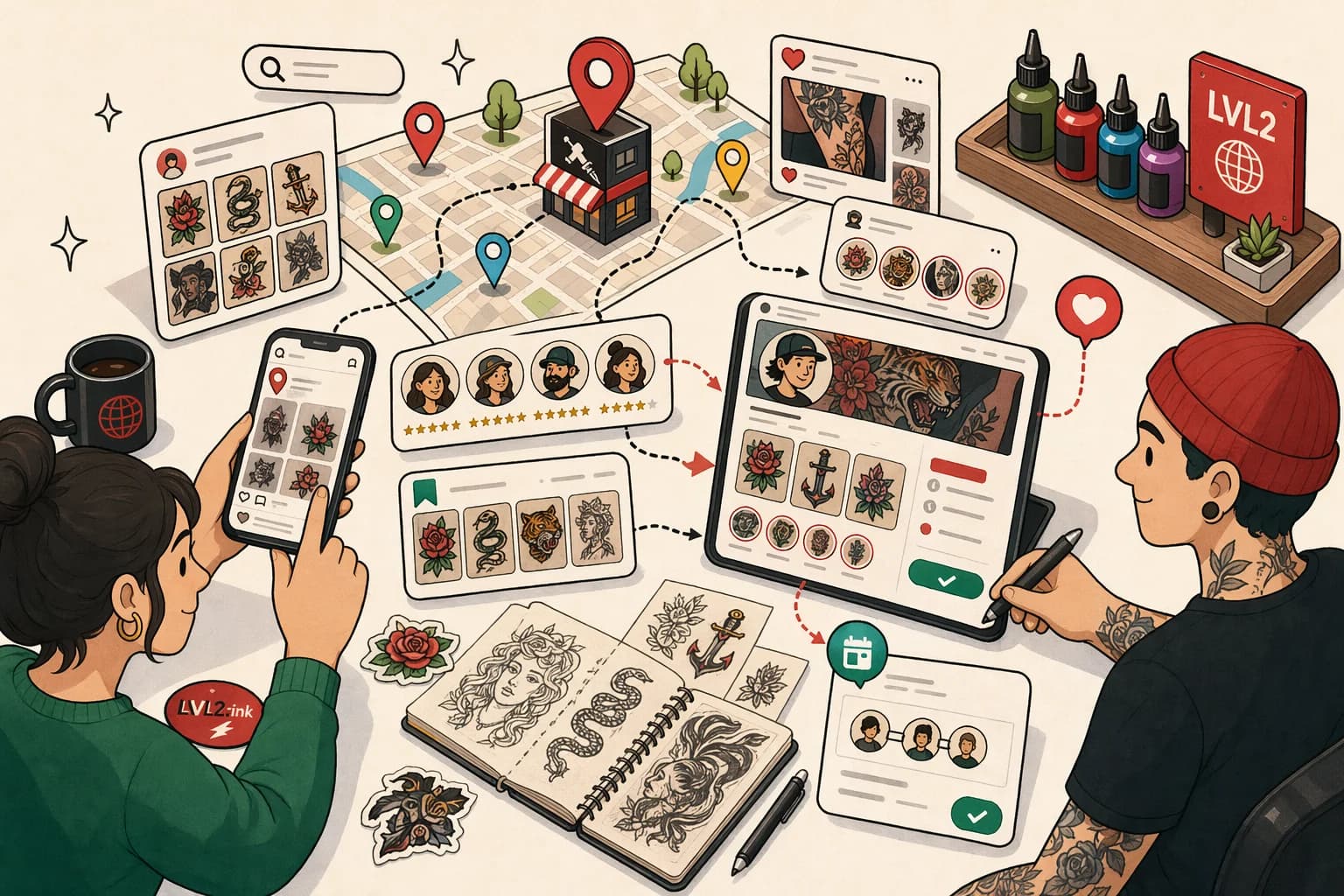 Generated light LVL2-style illustration of online artist discovery