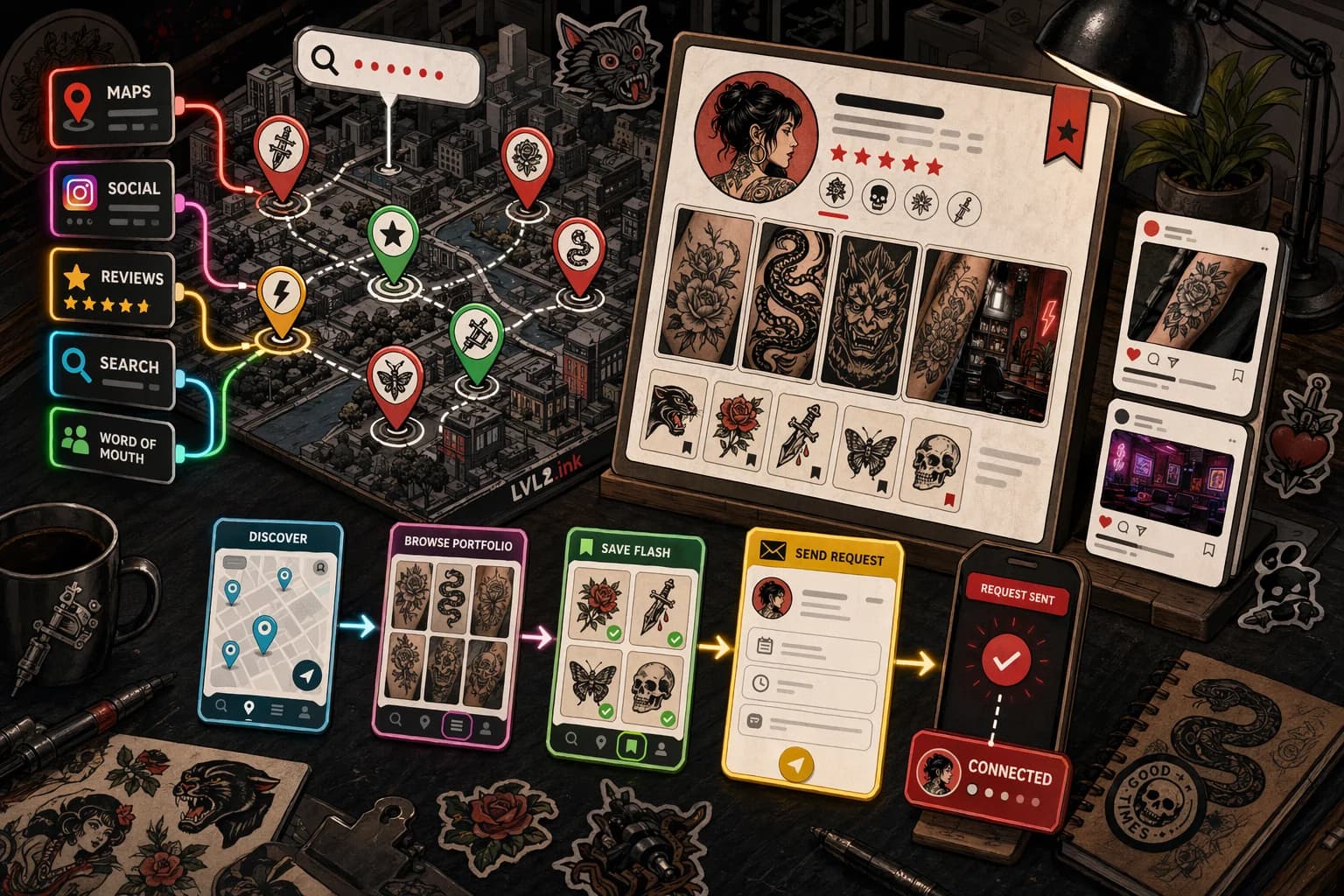 Generated LVL2-style illustration of client discovery and artist profile flow