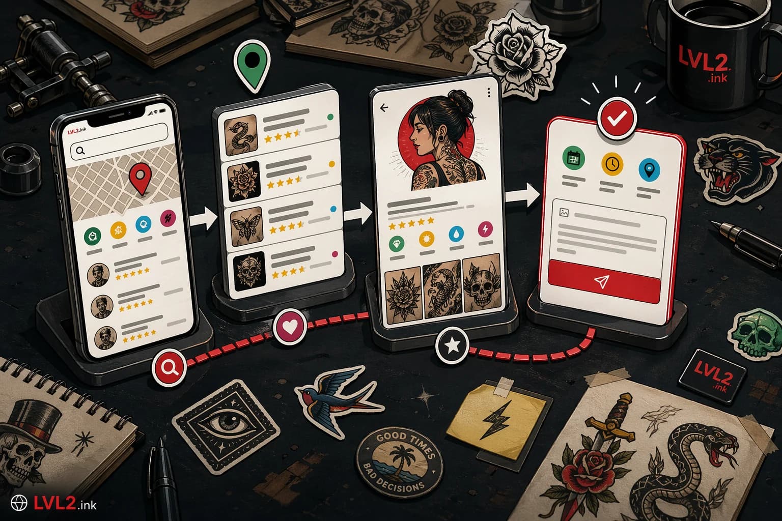 Generated LVL2-style collage of maps, portfolio cards, and booking requests