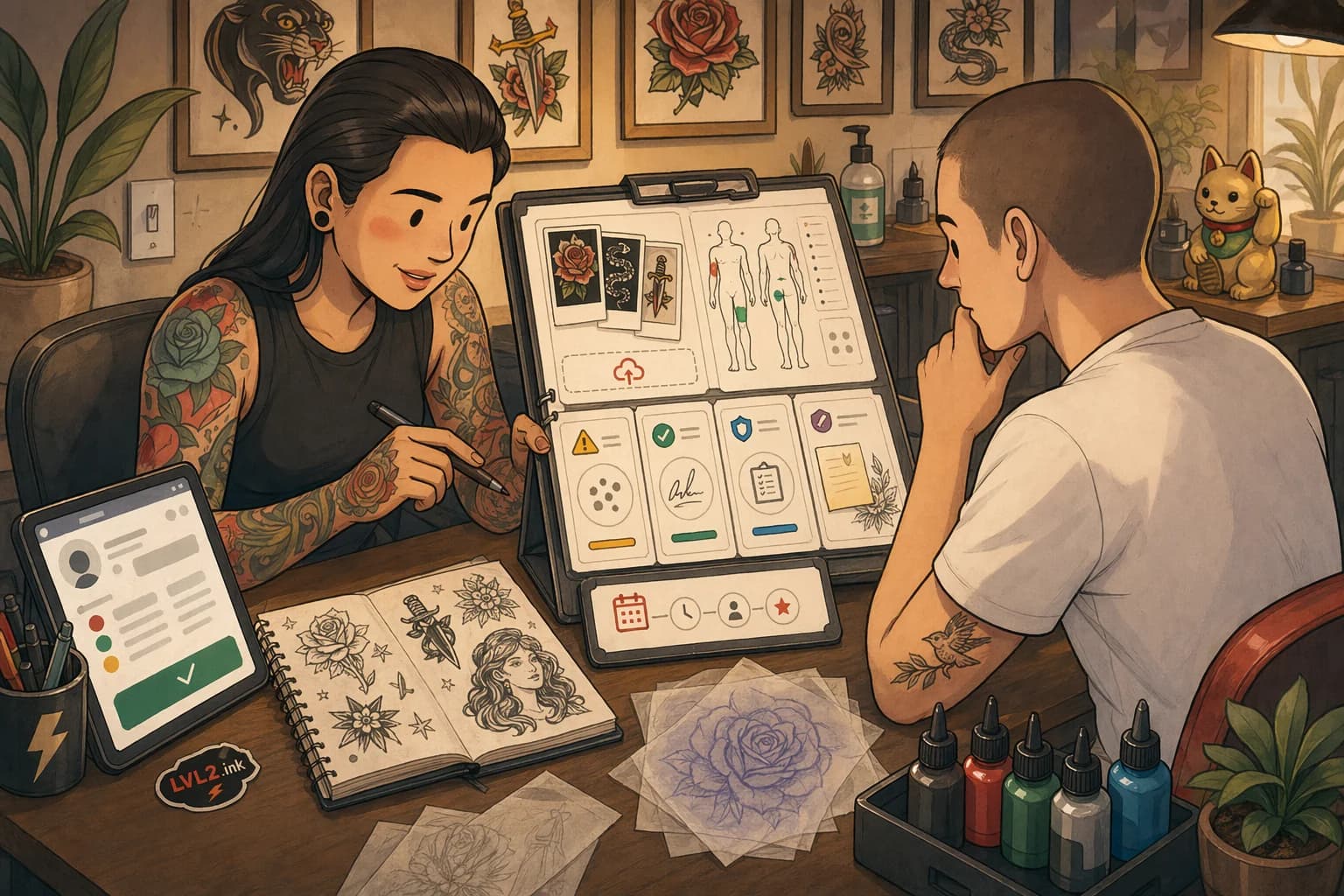 Generated LVL2-style illustration of a tattoo client intake consultation at a desk