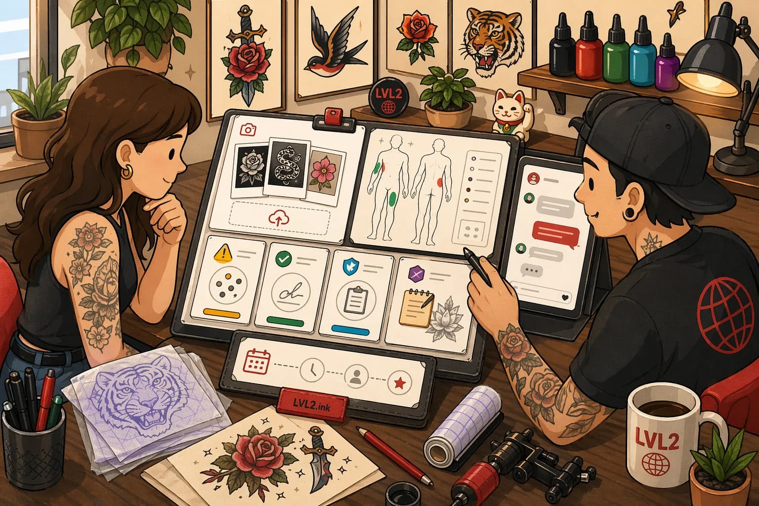 Generated light LVL2-style illustration of tattoo intake workflow