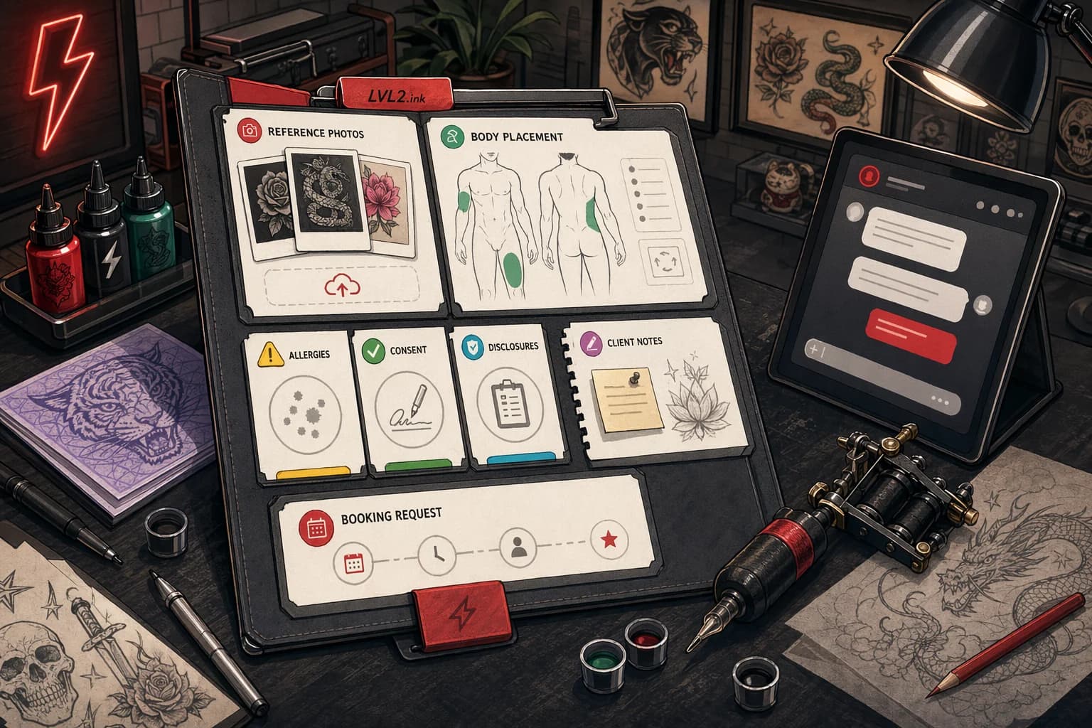 Generated LVL2-style illustration of a tattoo client intake consultation