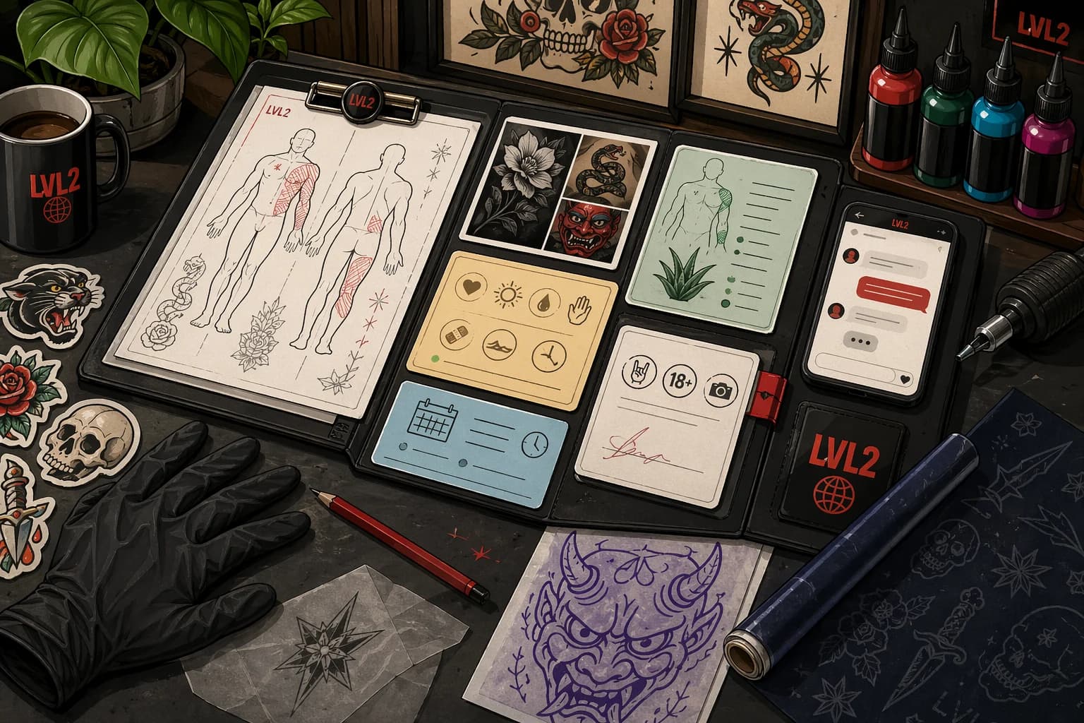 Generated LVL2-style tabletop image of tattoo intake forms and reference material