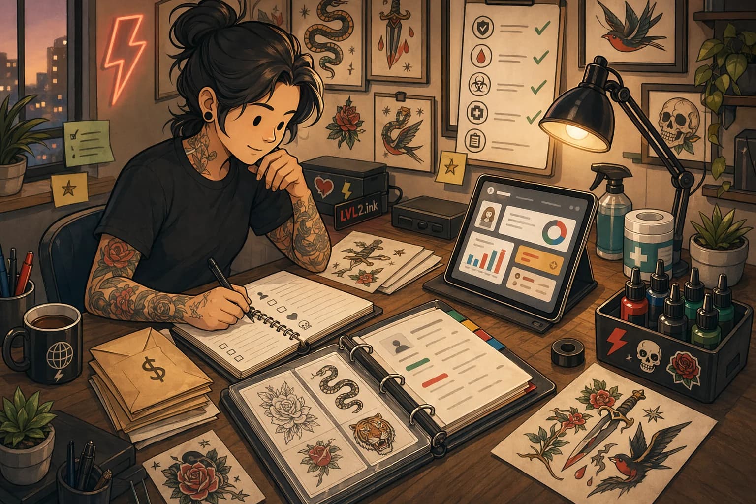 Generated LVL2-style illustration of a tattoo artist working through first-year studio operations