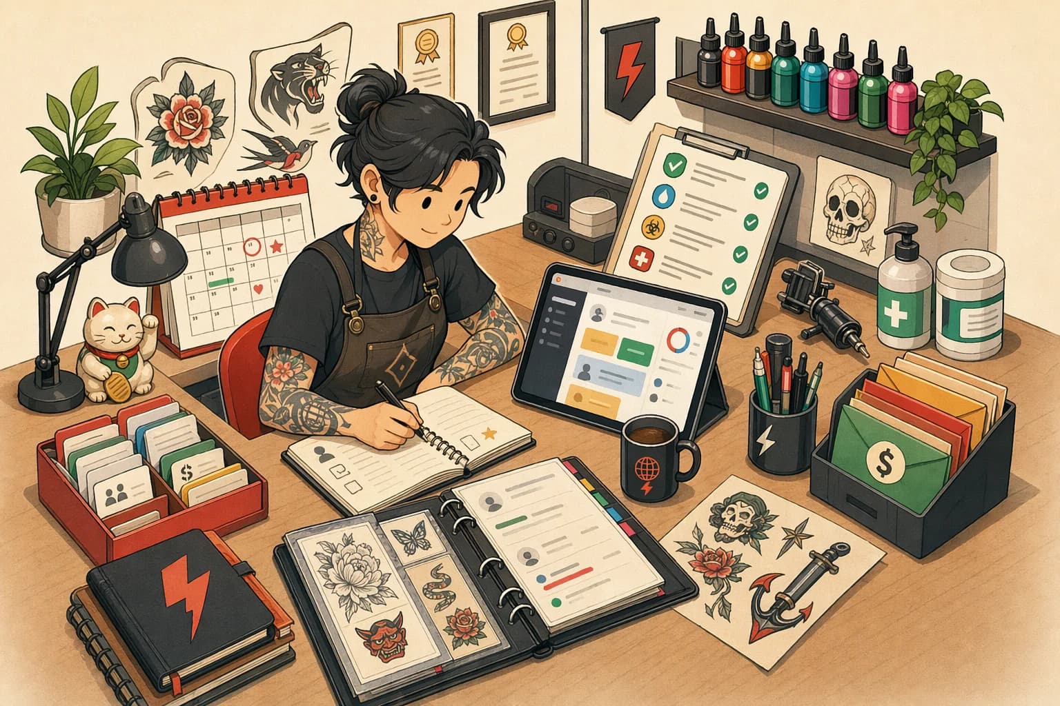 Generated light LVL2-style illustration of a new tattoo studio workflow