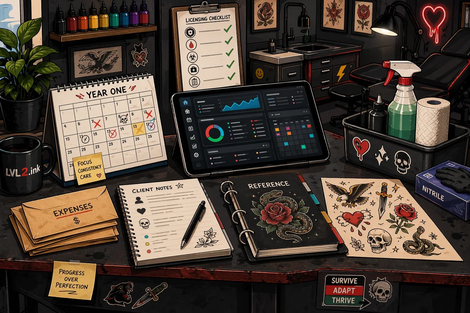 Generated LVL2-style illustration of a first-year tattoo artist operations desk