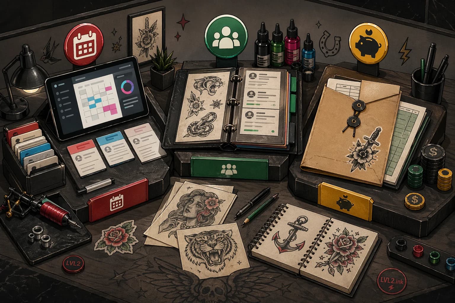 Generated LVL2-style illustration of booking, client, and money discipline stations