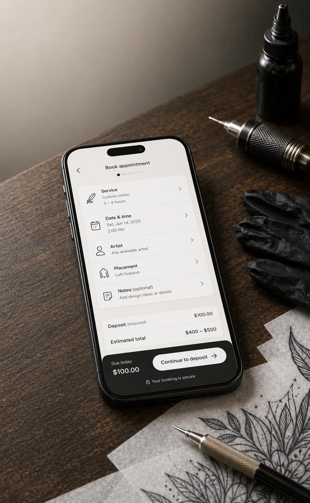 Clean tattoo booking flow with intake and appointment steps