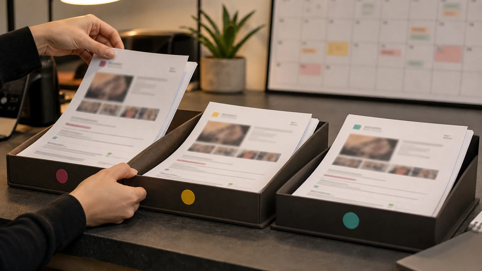 Anonymous hands sorting blurred tattoo booking request packets into review trays