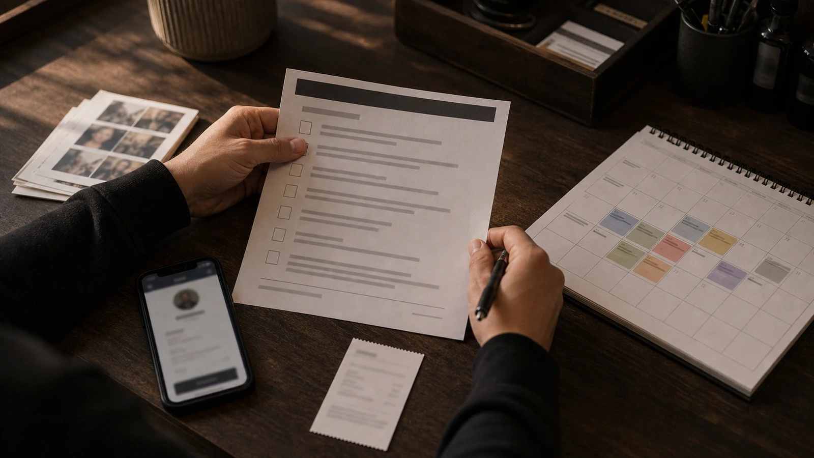 Anonymous hands reviewing a blurred switching checklist beside a calendar and booking profile preview
