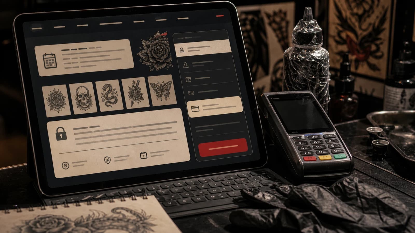 Realistic tattoo counter with a blurred deposit policy screen and payment terminal