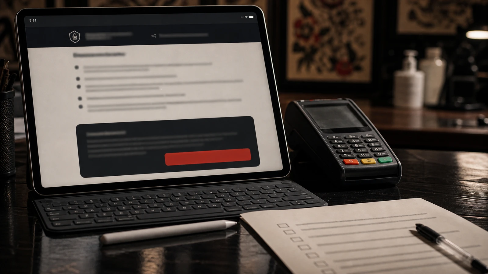 Close-up of a blurred deposit policy screen beside a payment terminal and blank consent paper