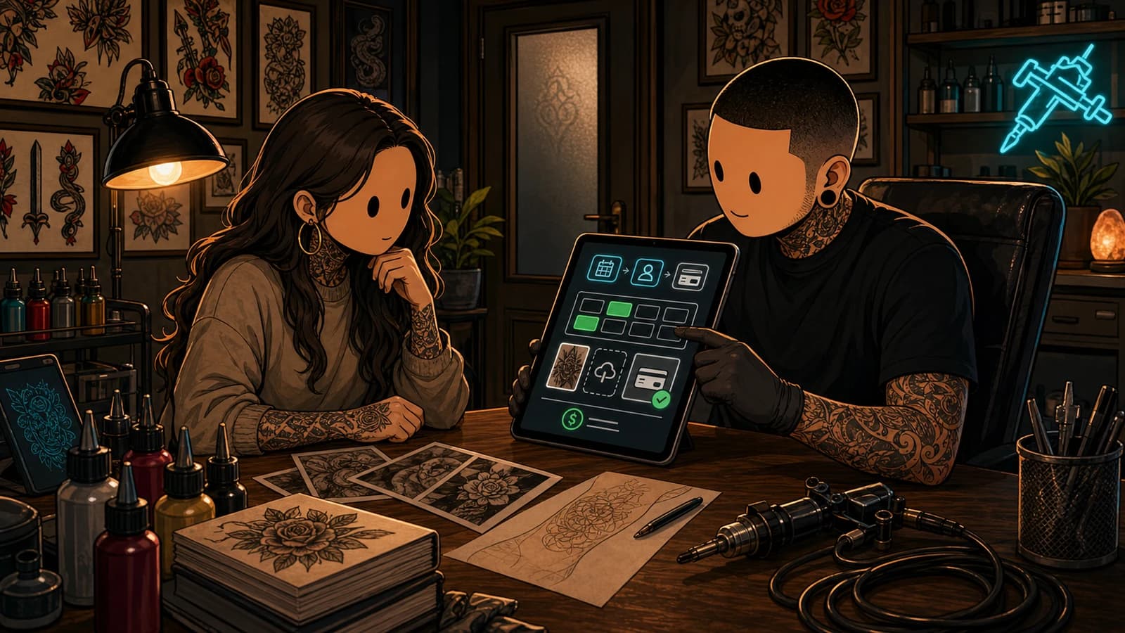 LVL2-style illustration of a private studio consultation with one client and one tattoo artist