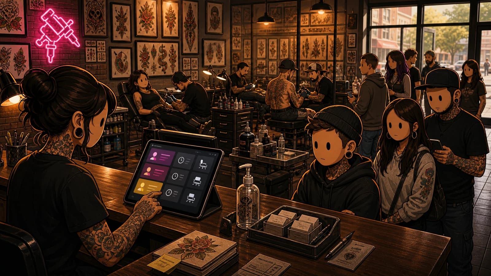 LVL2-style illustration of a busy walk-in tattoo shop queue and front desk workflow