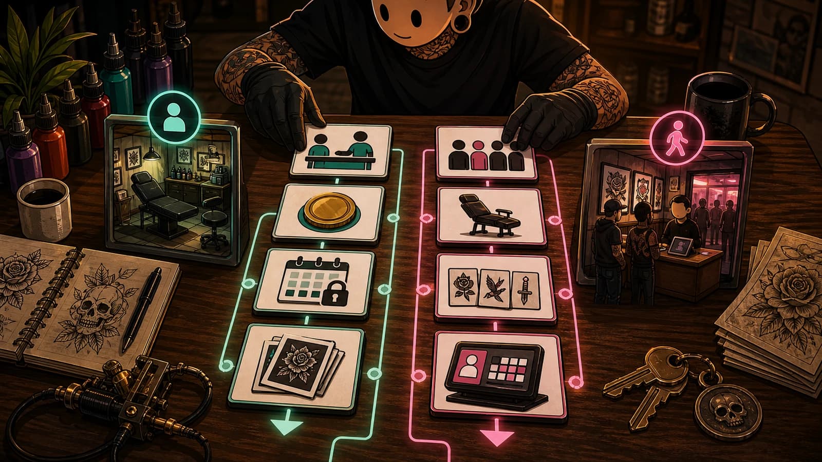 LVL2-style tabletop workflow map comparing private studio and walk-in shop booking paths