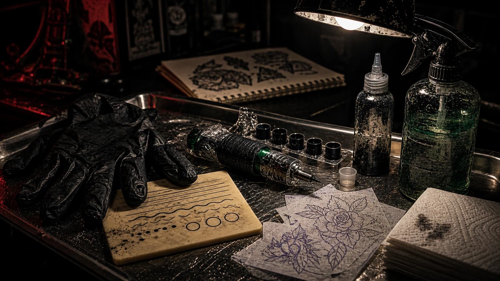 Dramatic close-up of tattoo apprenticeship fundamentals with wrapped equipment, gloves, and practice skin