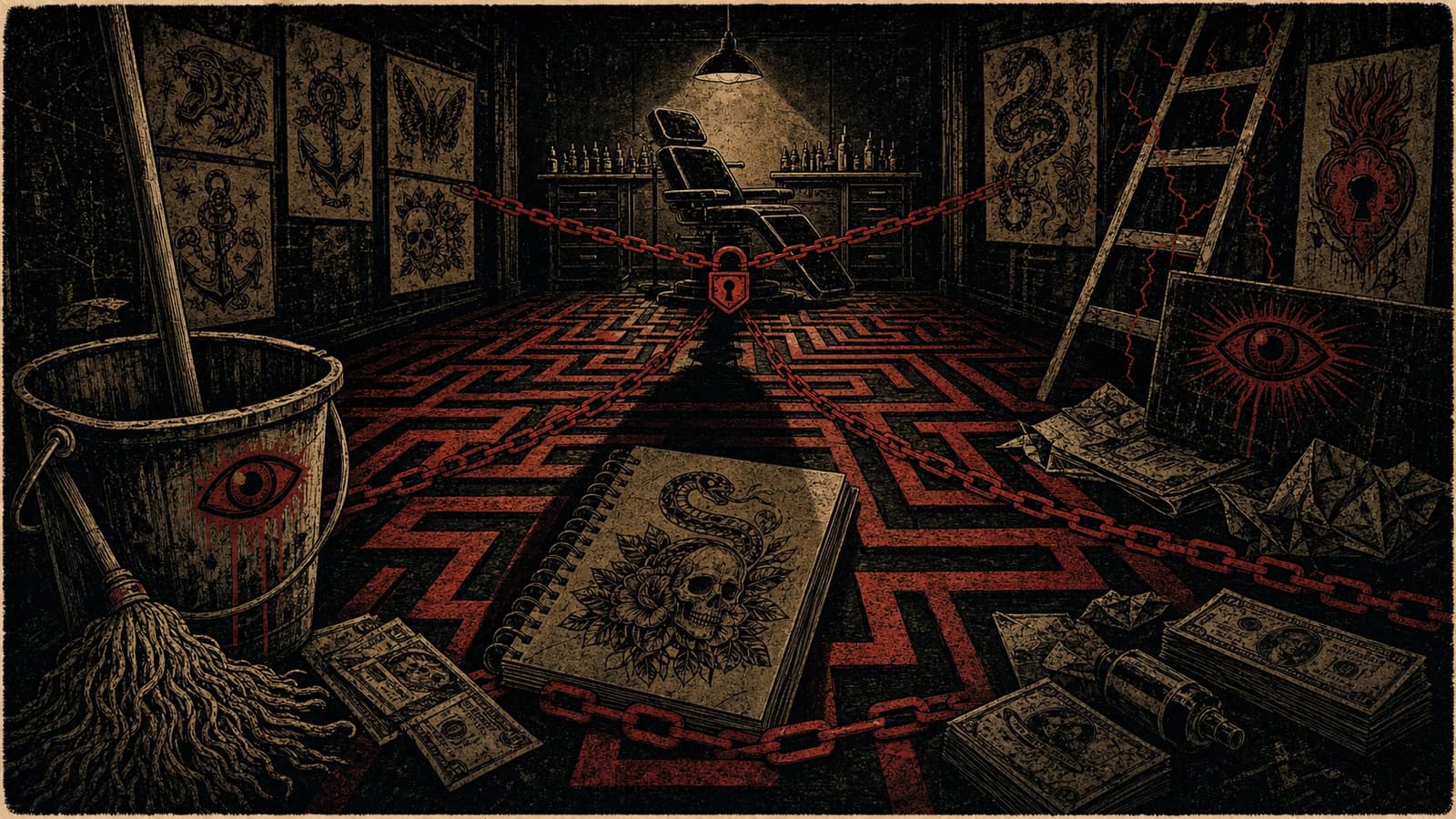 Surreal tattoo flash noir scene showing red flags in a bad apprenticeship