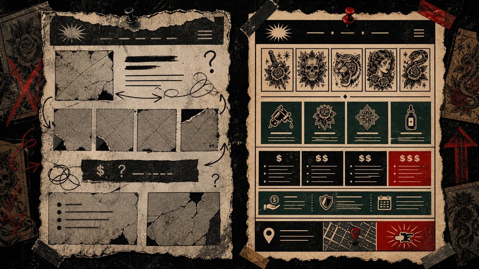 LVL2-style before-and-after poster comparing a sparse tattoo booking page with a complete booking page
