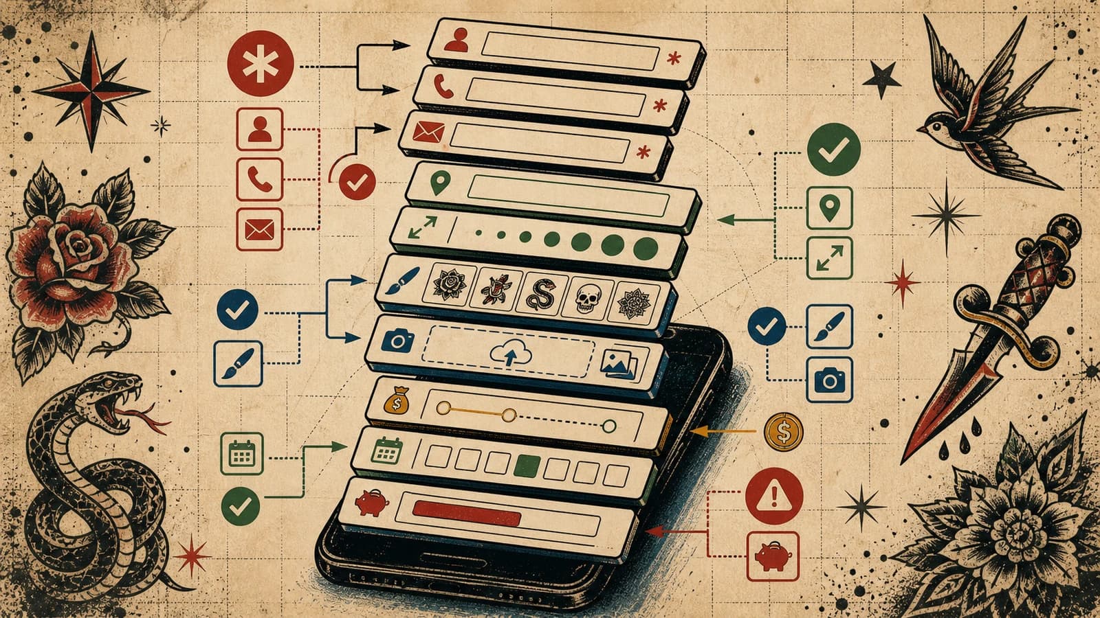 LVL2-style icon diagram showing the essential fields in a tattoo artist booking form