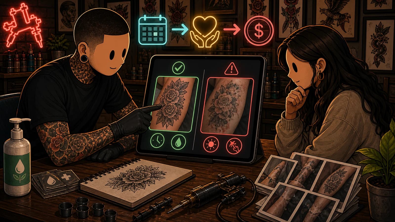 LVL2-style illustration comparing normal tattoo healing with client-caused touch-up damage