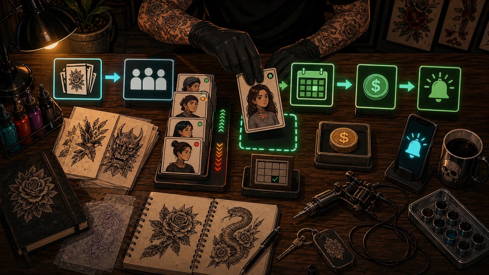 LVL2-style tattoo studio command table organizing waitlist cards into appointment slots