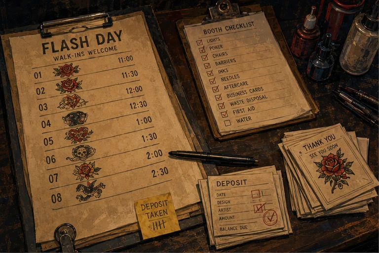 Illustrated flash sale and tattoo convention operations table