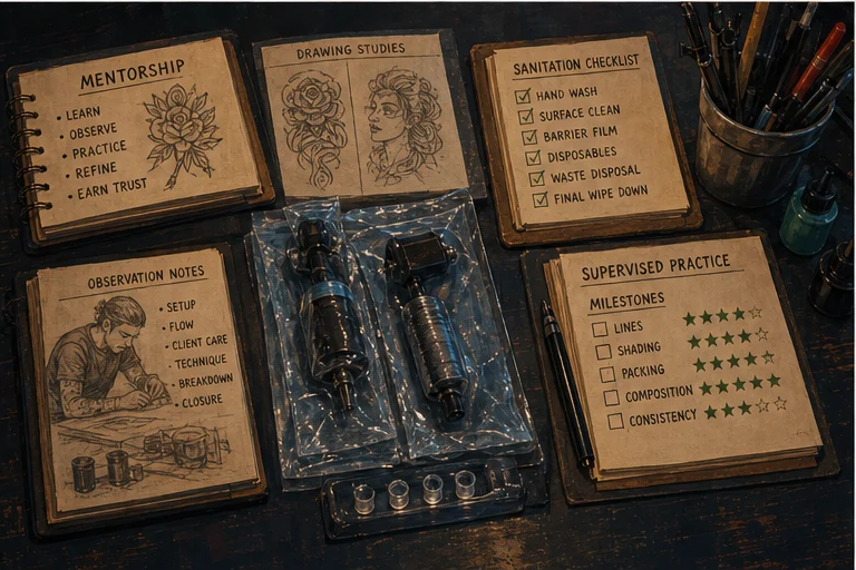 Illustrated tattoo apprenticeship studies, sanitation checklist, and supervised practice notes