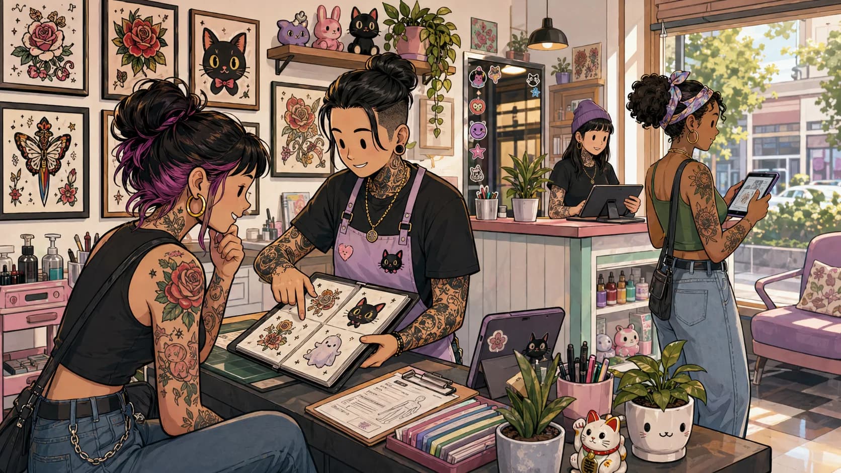 LVL2 campaign art showing a tattoo shop operating flow with modular booking cards