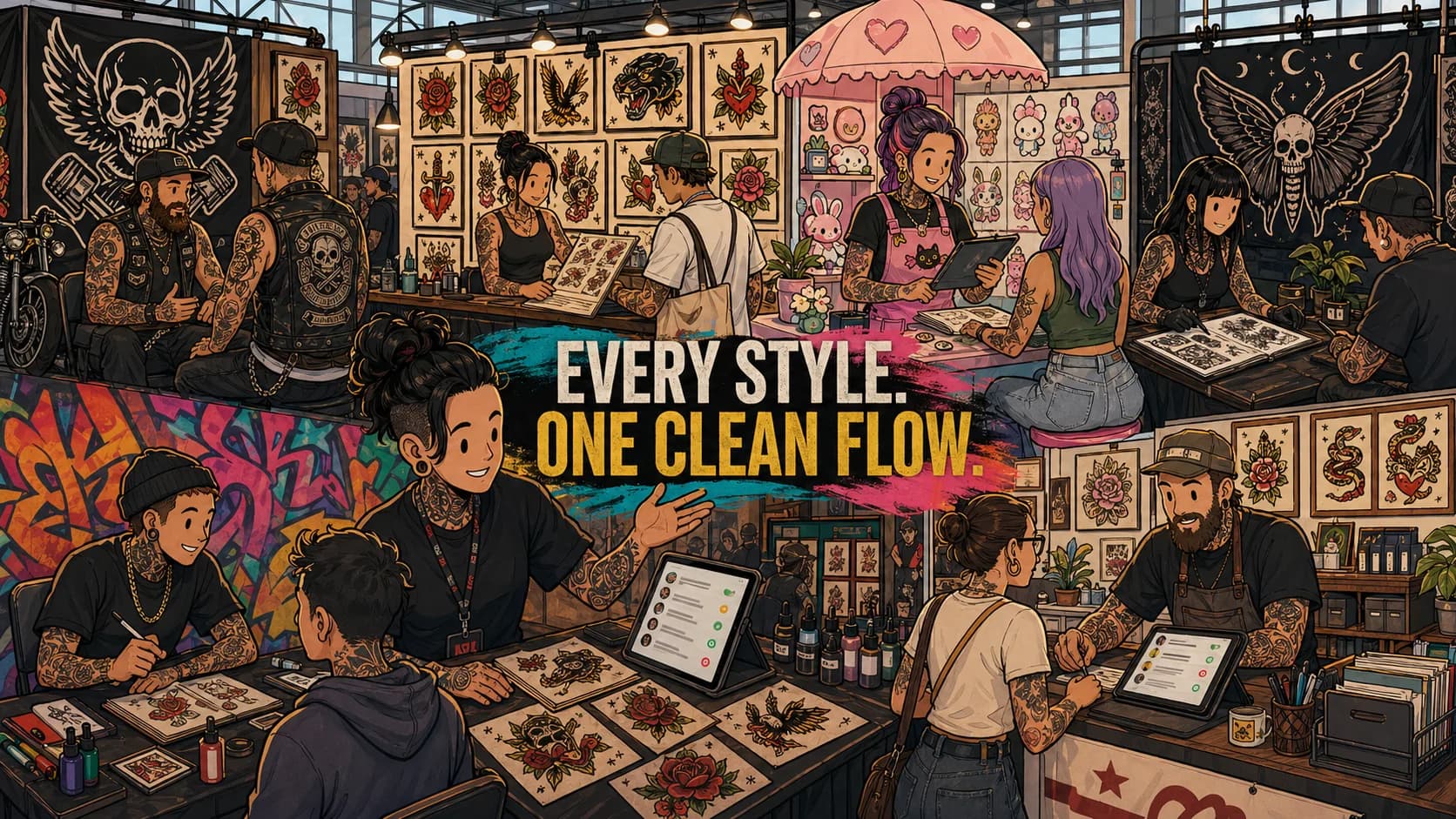 LVL2 campaign art showing a tattoo convention booth with modular workflow cards