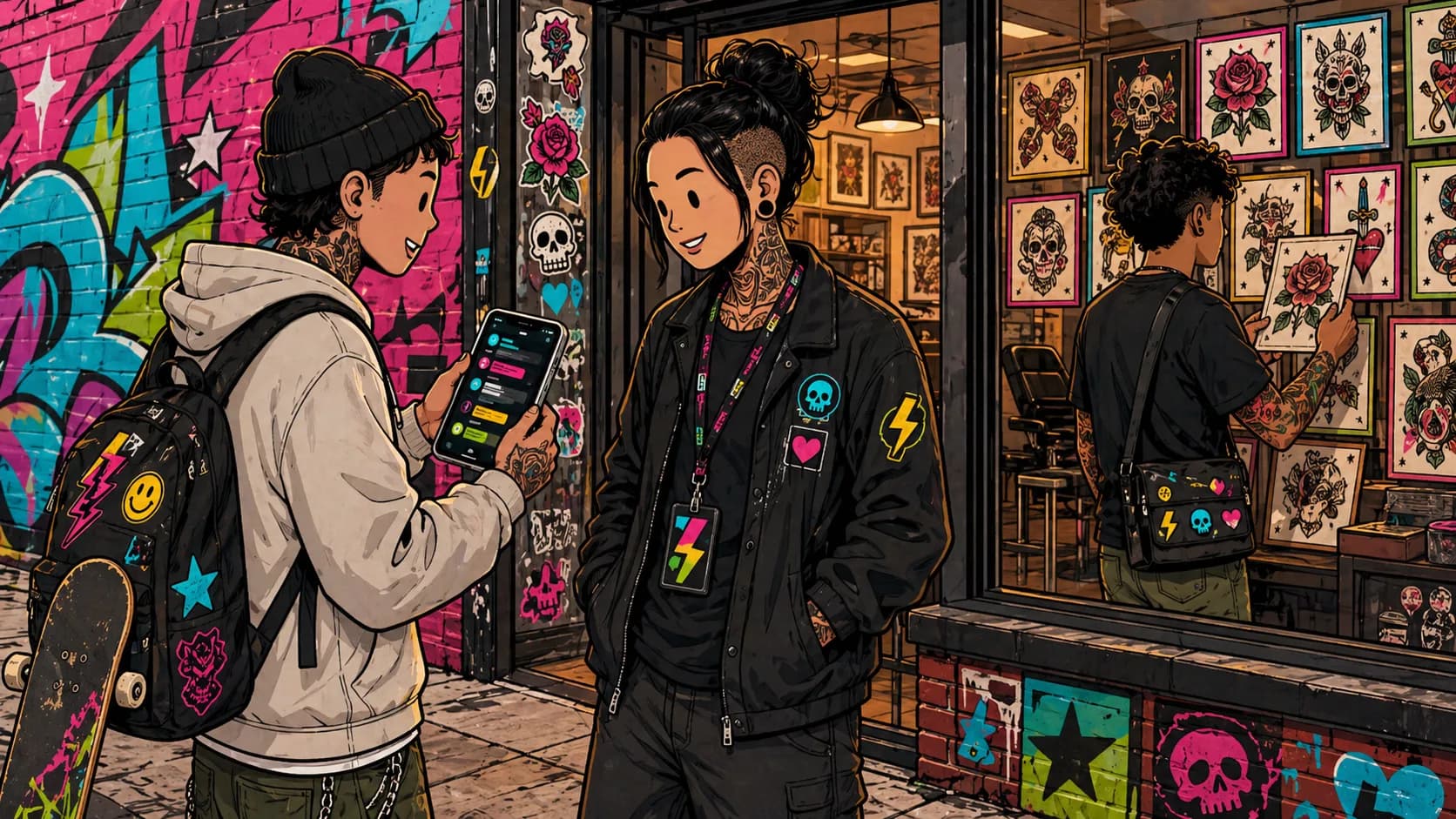 LVL2 campaign art showing a street tattoo shop booking flow