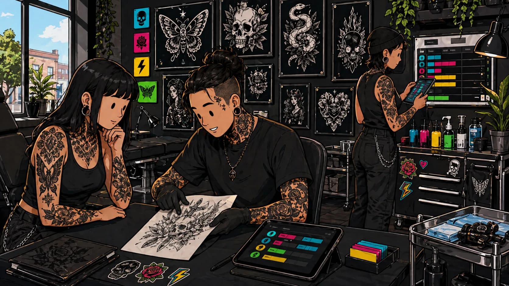 LVL2 campaign art showing an island tattoo shop counter with workflow modules