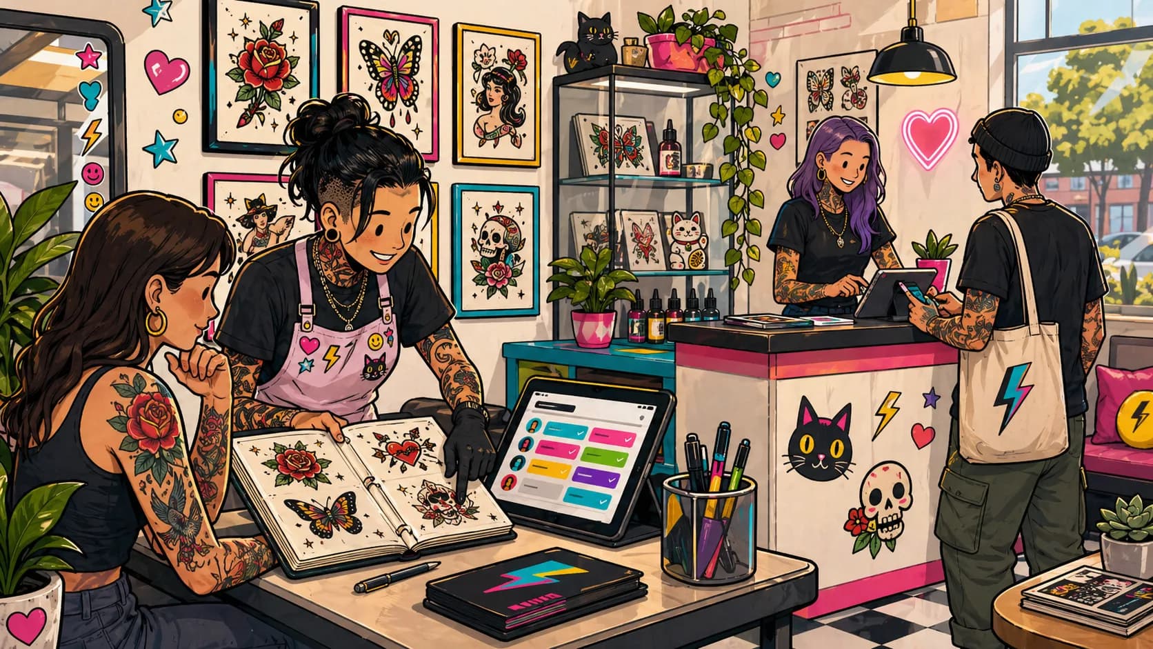 LVL2 campaign art showing a blackwork studio with client notes and booking modules