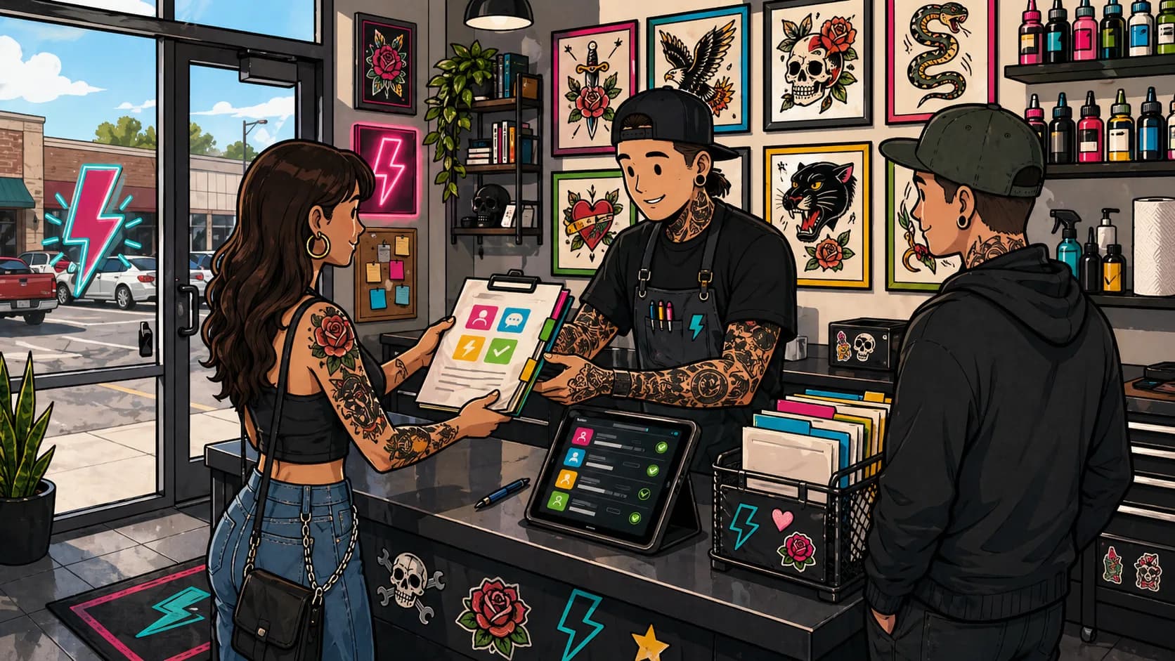 LVL2 campaign art showing a Midwest shop counter with intake and calendar cards