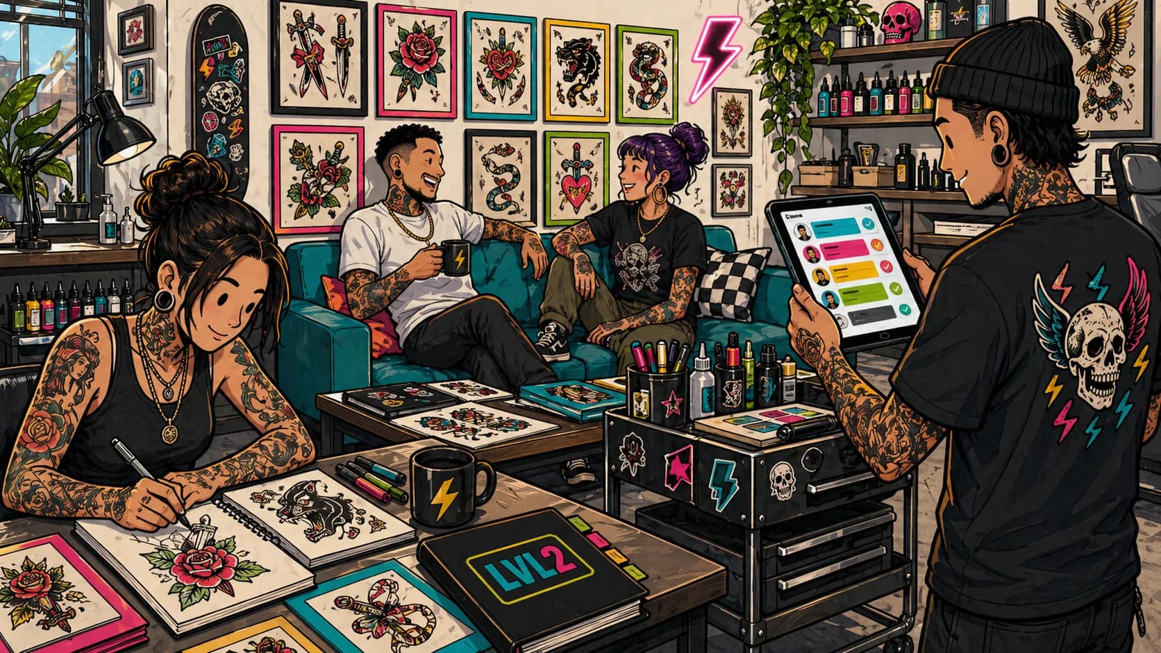 LVL2 campaign art showing a tattoo convention booth with bold poster lettering