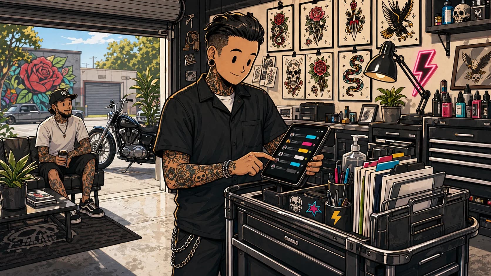 LVL2 campaign art showing artists preparing flash and client requests