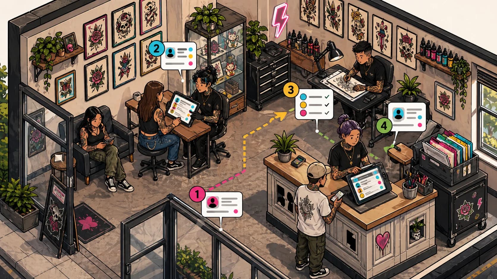LVL2 campaign art showing a boutique tattoo studio with organized intake