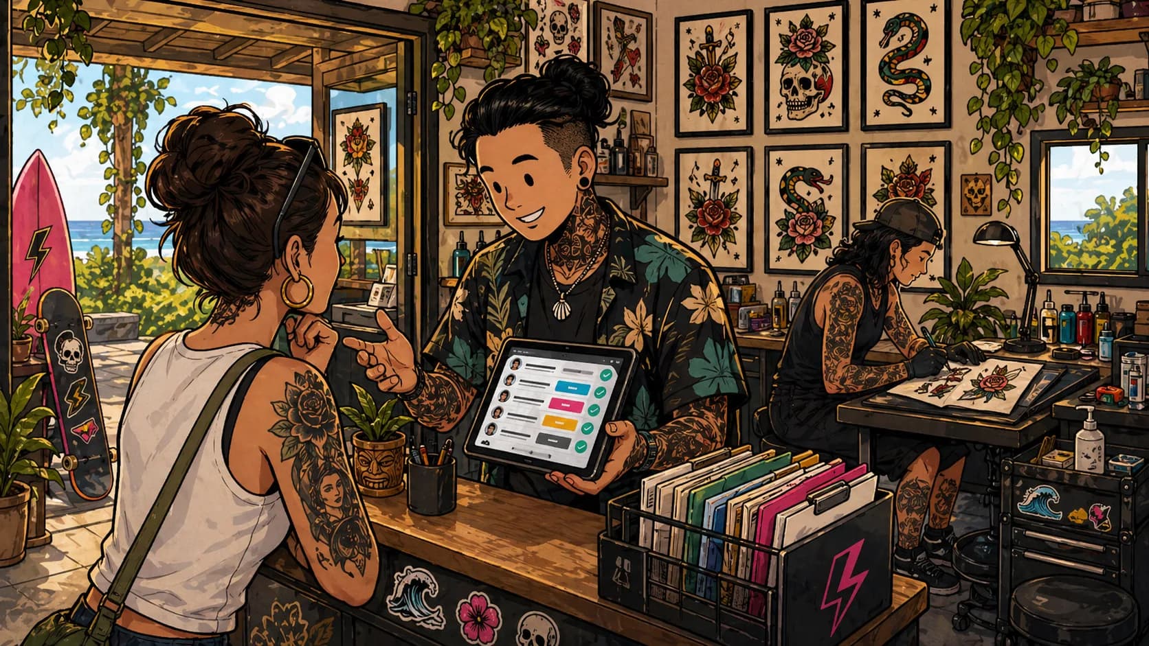 LVL2 campaign art showing a boutique studio counter with workflow cards