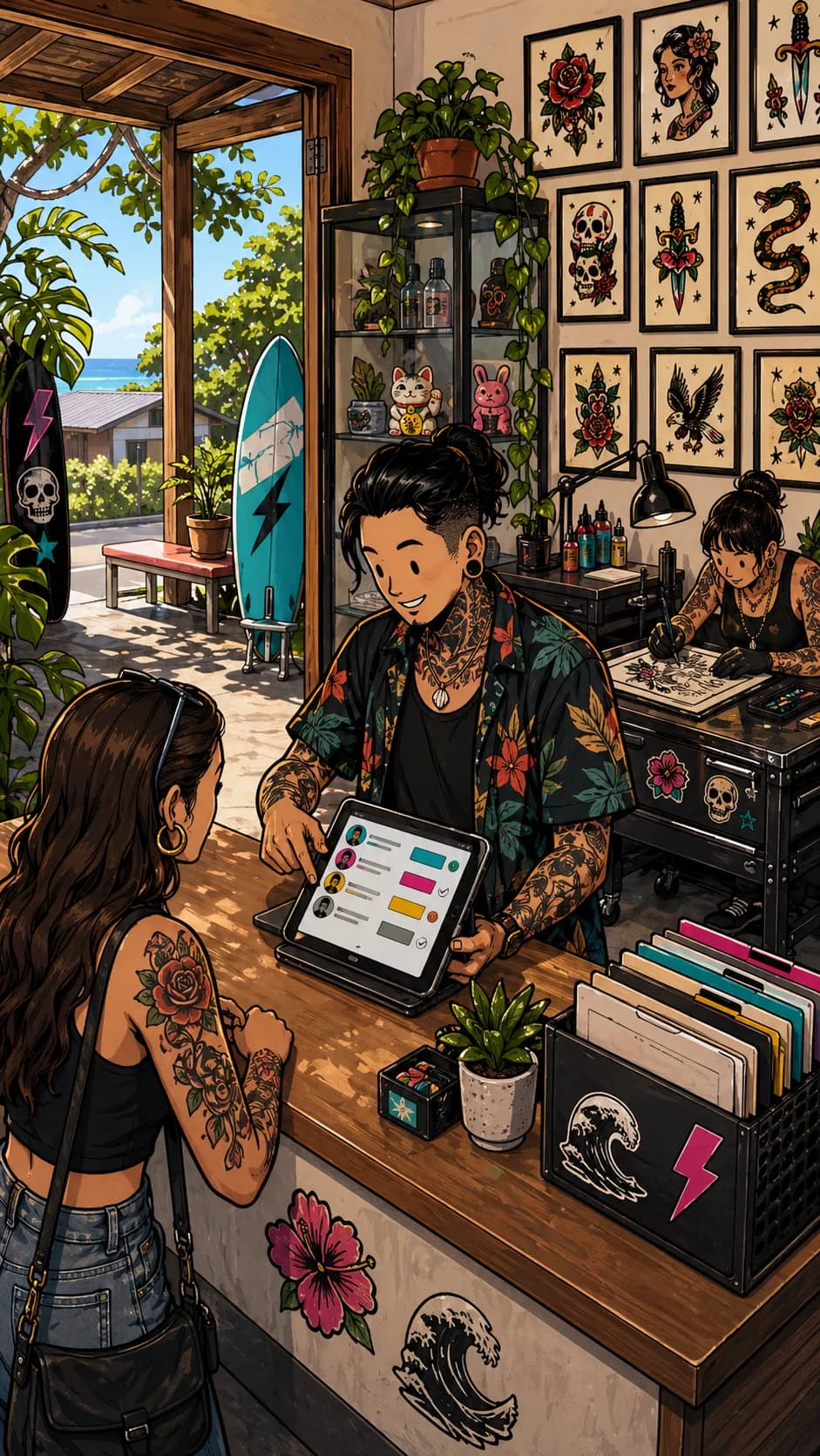 Vertical LVL2 campaign art showing a boutique shop with modular workflow cards