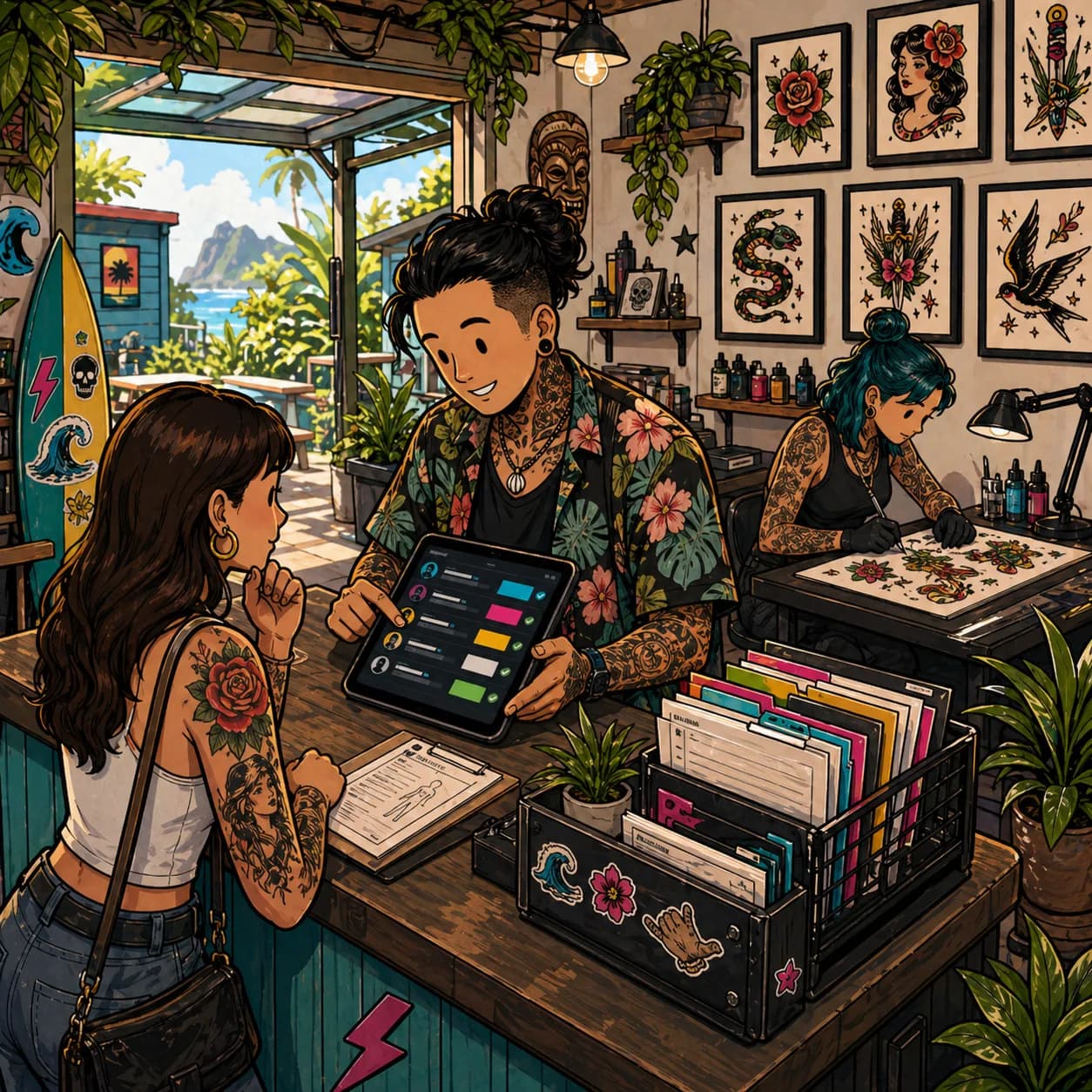 Square LVL2 campaign art showing boutique tattoo booking and intake flow