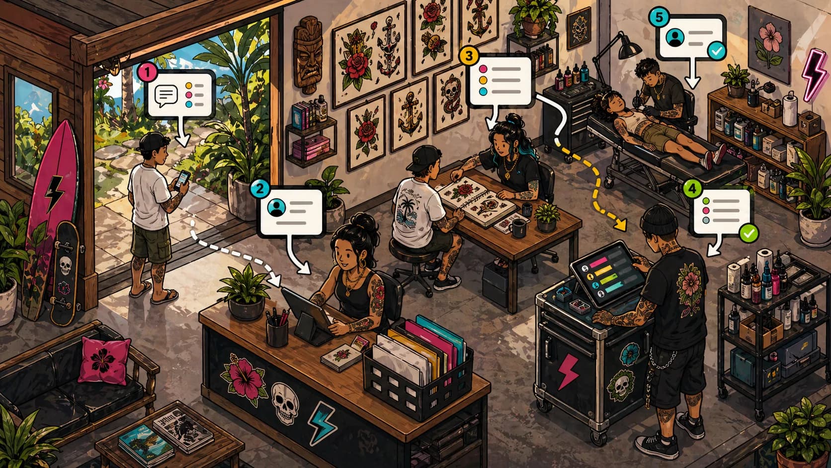 LVL2 campaign art showing a north shore tattoo shop workflow