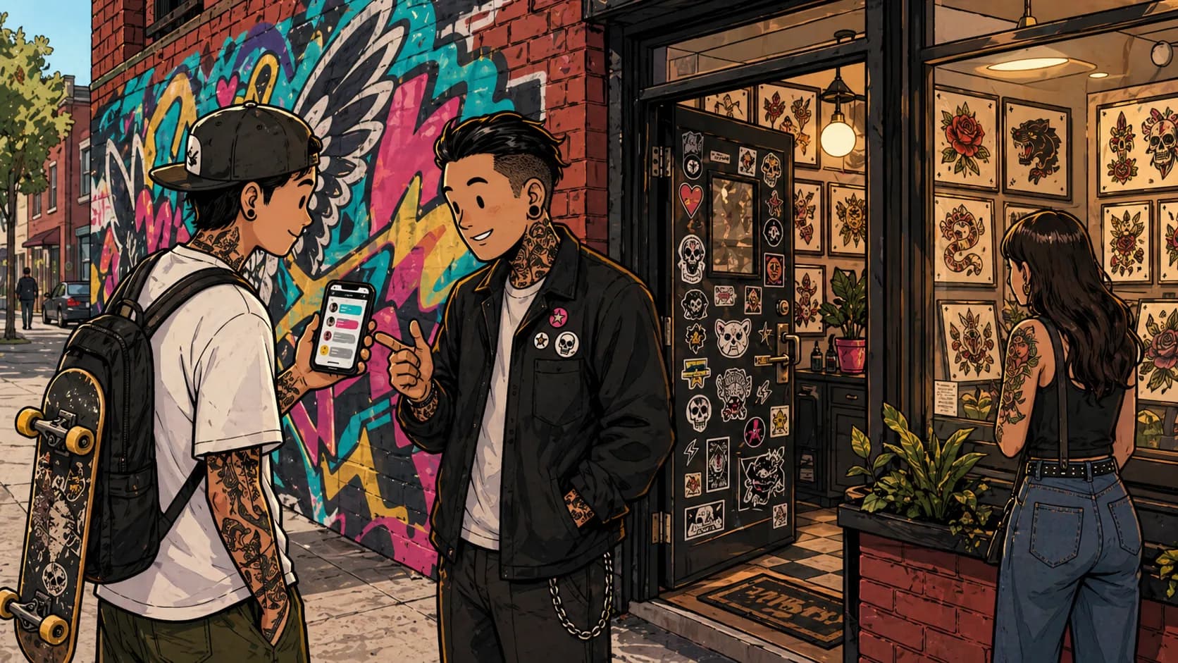 LVL2 campaign art showing an island tattoo shop with client request modules