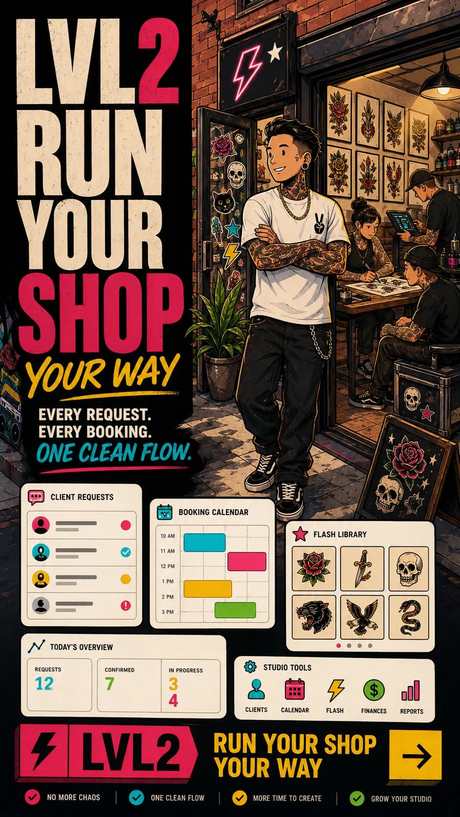 Vertical LVL2 campaign art showing a tattoo shop operating system poster