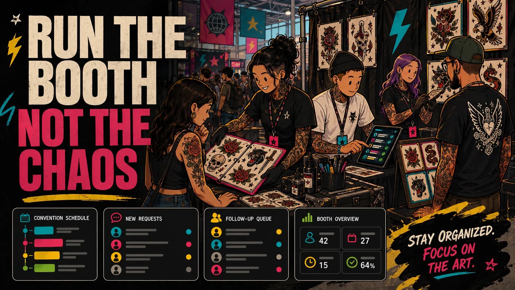 LVL2 campaign art showing convention booth intake and follow-up modules