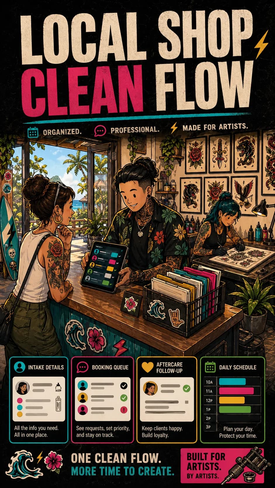 Vertical LVL2 campaign art showing a local shop counter and intake modules