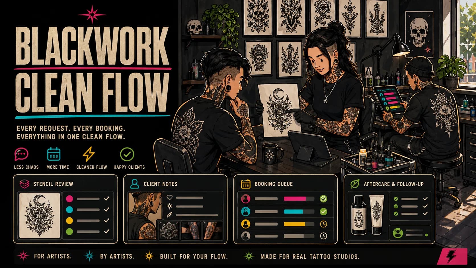 LVL2 campaign art showing a blackwork consultation with client notes cards